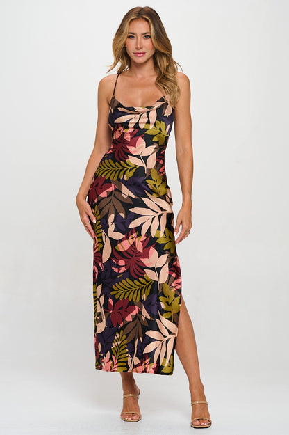 Floral Cowl Neck Back Drawstring Maxi Dress