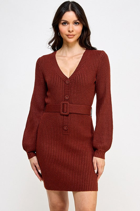 LONG SLEEVE BUTTON DOWN MINI KNIT DRESS WITH BELT