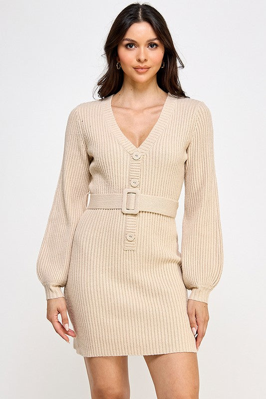 LONG SLEEVE BUTTON DOWN MINI KNIT DRESS WITH BELT