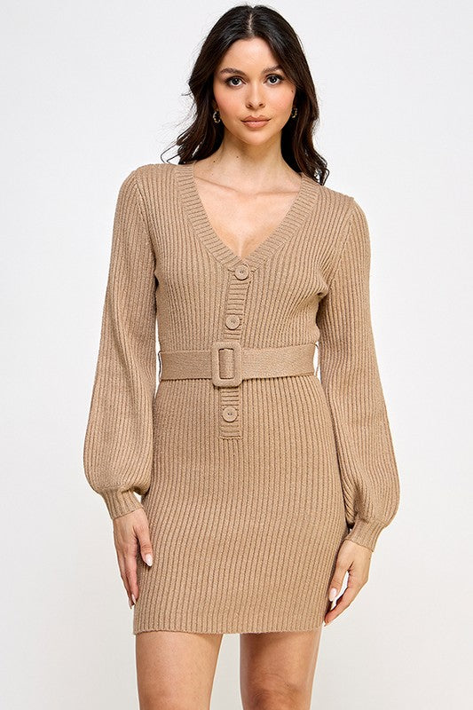 LONG SLEEVE BUTTON DOWN MINI KNIT DRESS WITH BELT