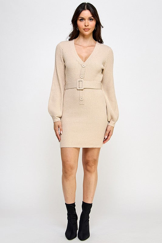 LONG SLEEVE BUTTON DOWN MINI KNIT DRESS WITH BELT