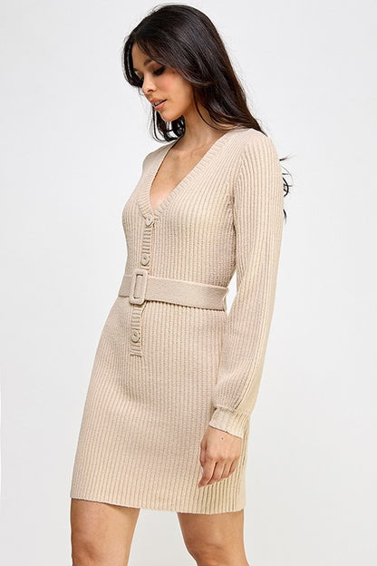 LONG SLEEVE BUTTON DOWN MINI KNIT DRESS WITH BELT