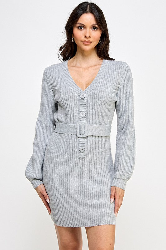 LONG SLEEVE BUTTON DOWN MINI KNIT DRESS WITH BELT