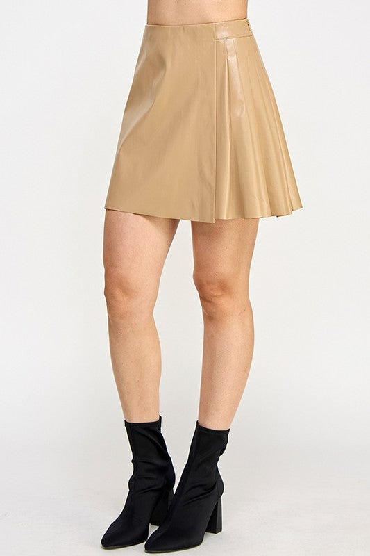 FAUX LEATHER ASYMMETRIC PLEATED MINI SKIRT