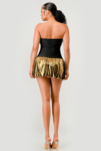 BLACK TOP WITH SLINKY FOIL DOUBLE MINI SKIRT DRESS