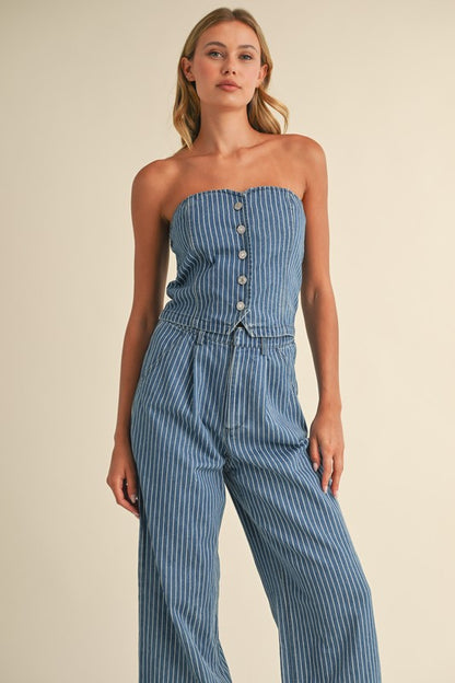 DENIM STRIPED STRAPLESS TOP AND WIDE LEG PANTS SET