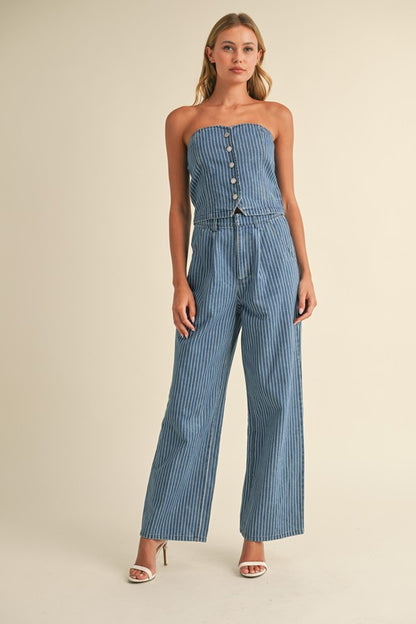 DENIM STRIPED STRAPLESS TOP AND WIDE LEG PANTS SET