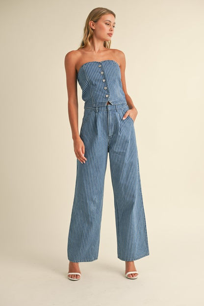 DENIM STRIPED STRAPLESS TOP AND WIDE LEG PANTS SET