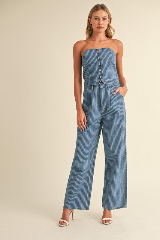 DENIM STRIPED STRAPLESS TOP AND WIDE LEG PANTS SET