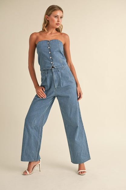 DENIM STRIPED STRAPLESS TOP AND WIDE LEG PANTS SET