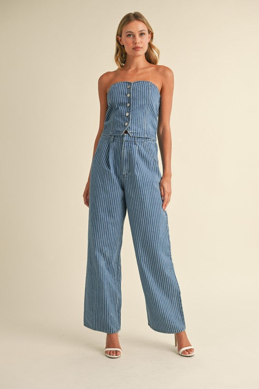 DENIM STRIPED STRAPLESS TOP AND WIDE LEG PANTS SET