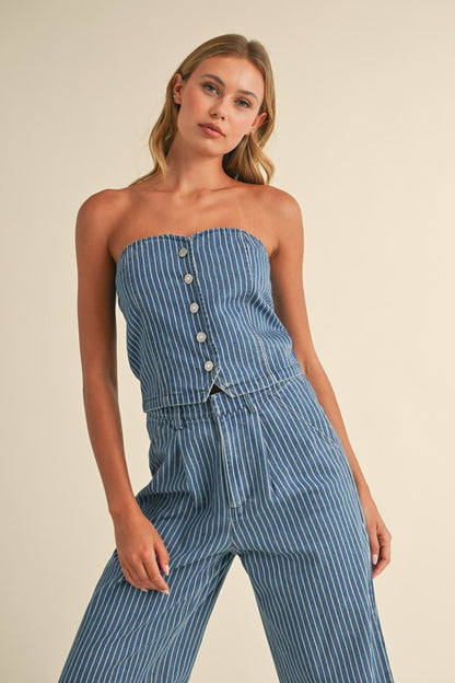 DENIM STRIPED STRAPLESS TOP AND WIDE LEG PANTS SET