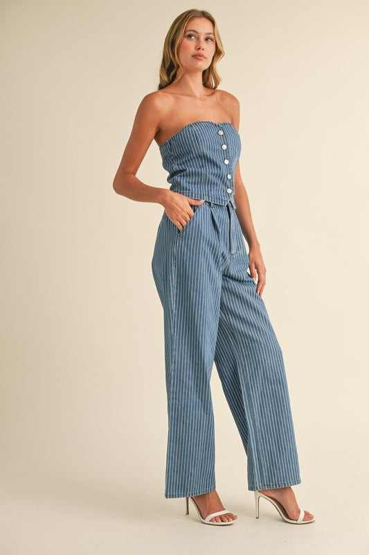 DENIM STRIPED STRAPLESS TOP AND WIDE LEG PANTS SET