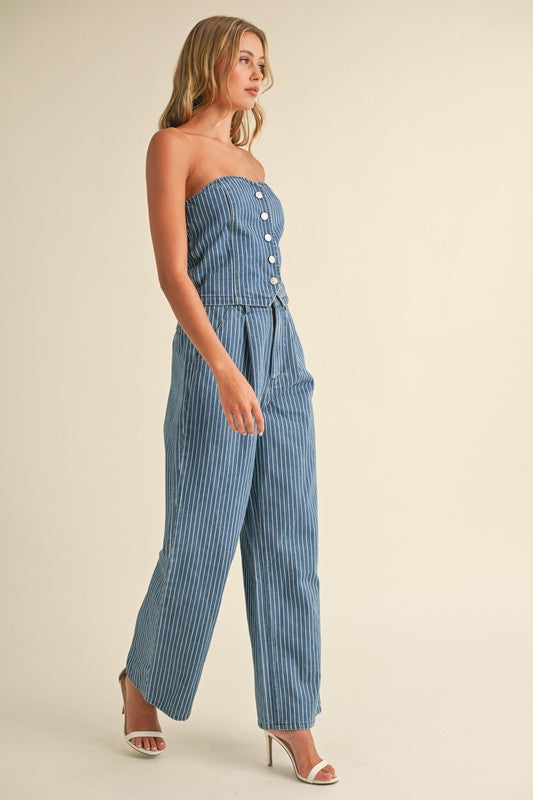 DENIM STRIPED STRAPLESS TOP AND WIDE LEG PANTS SET