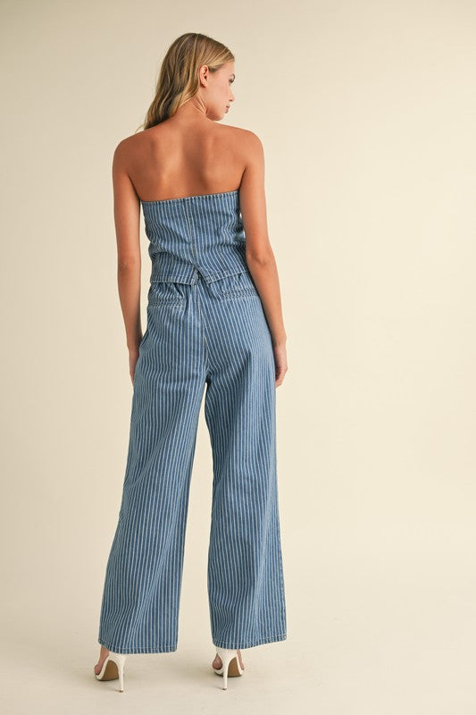 DENIM STRIPED STRAPLESS TOP AND WIDE LEG PANTS SET