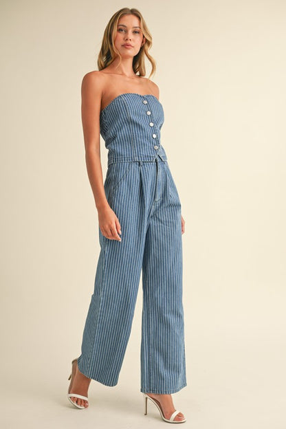 DENIM STRIPED STRAPLESS TOP AND WIDE LEG PANTS SET