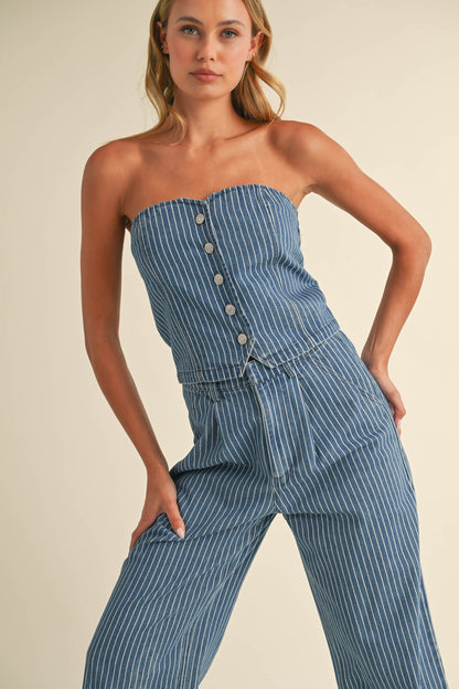 DENIM STRIPED STRAPLESS TOP AND WIDE LEG PANTS SET