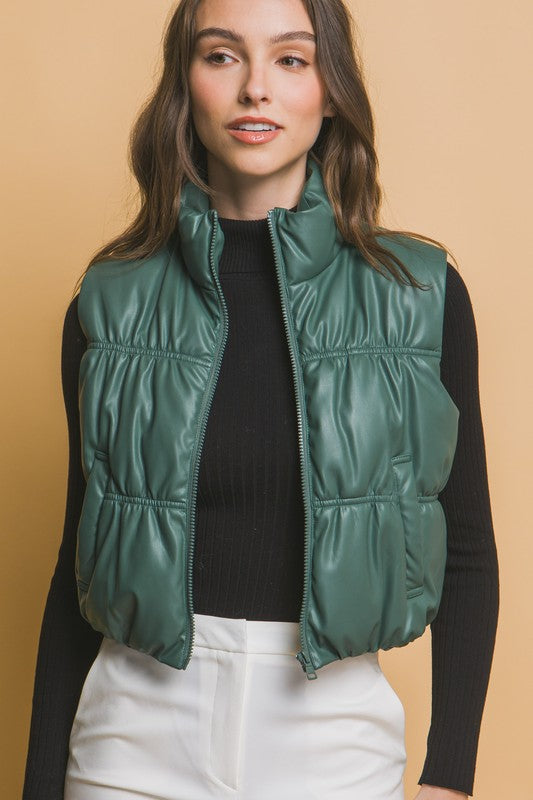 PU FAUX LEATHER PUFFER VEST WITH POCKETS