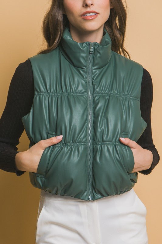 PU FAUX LEATHER PUFFER VEST WITH POCKETS