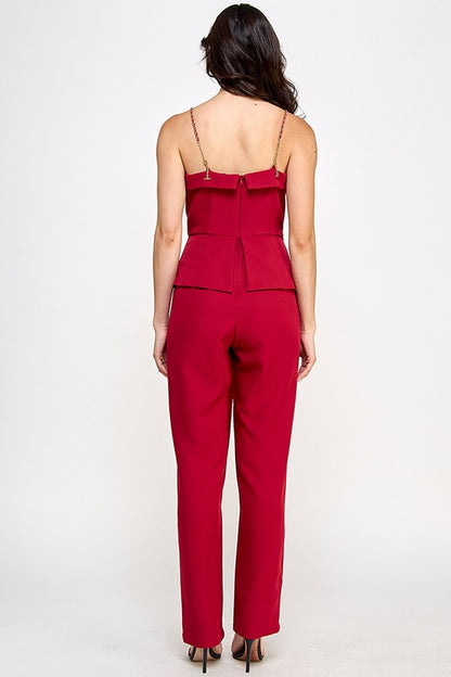 CHAIN SHOULDER STRAPTUXEDO JUMPSUIT