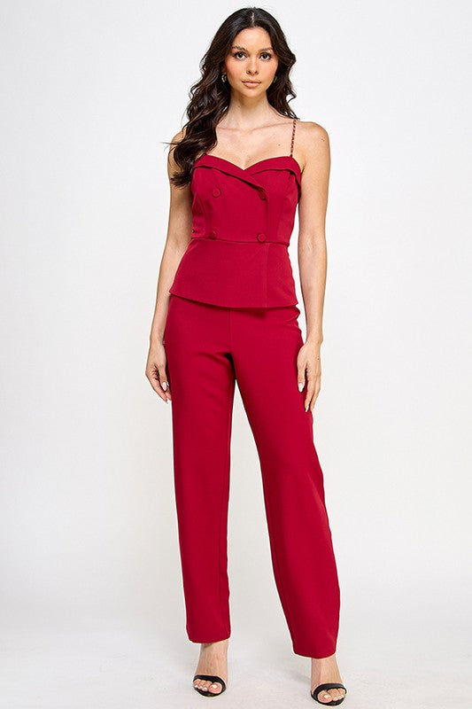 CHAIN SHOULDER STRAPTUXEDO JUMPSUIT