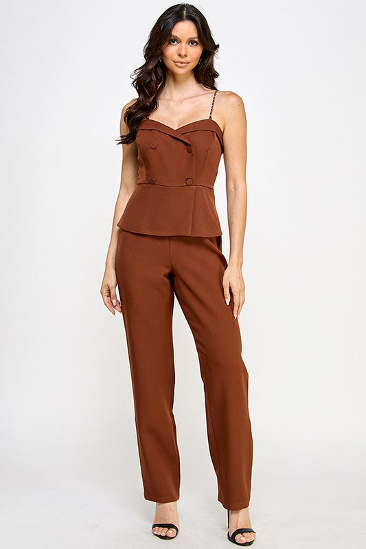 CHAIN SHOULDER STRAPTUXEDO JUMPSUIT