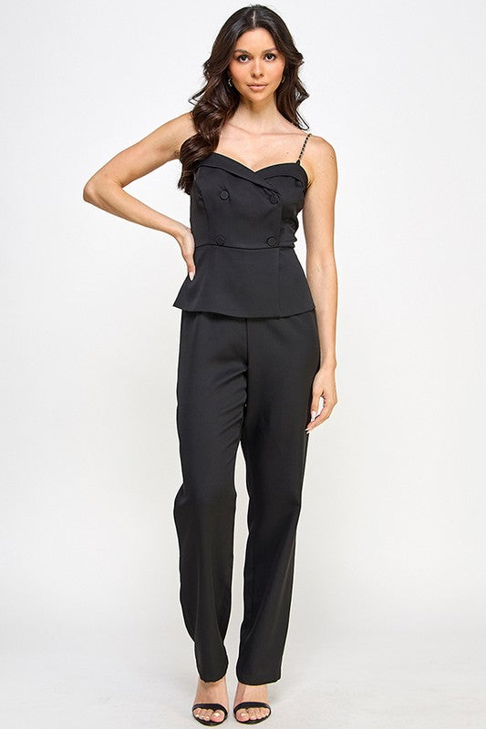 CHAIN SHOULDER STRAPTUXEDO JUMPSUIT