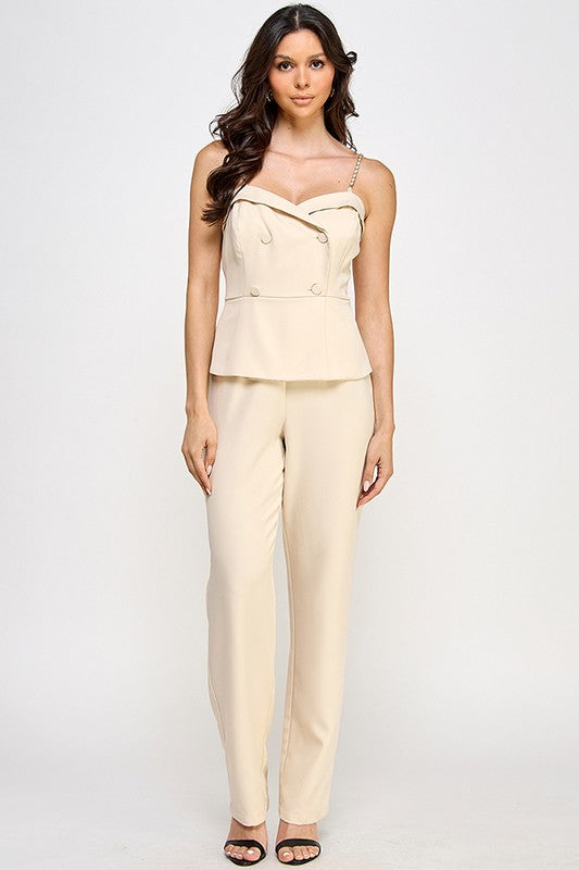 CHAIN SHOULDER STRAPTUXEDO JUMPSUIT