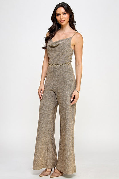 GLITTERY GOLD CHAIN STRAP WITH BELT DETAIL JUMPSUIT