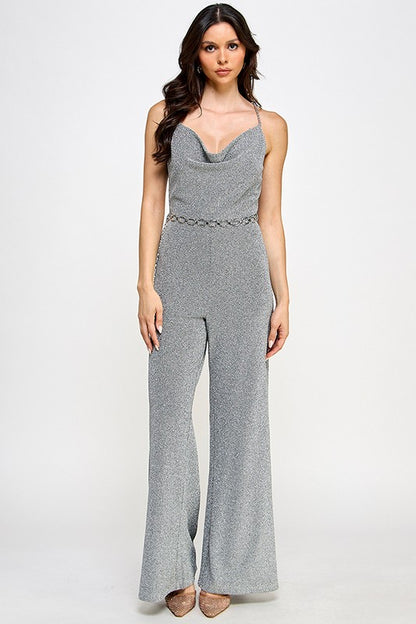 GLITTERY GOLD CHAIN STRAP WITH BELT DETAIL JUMPSUIT