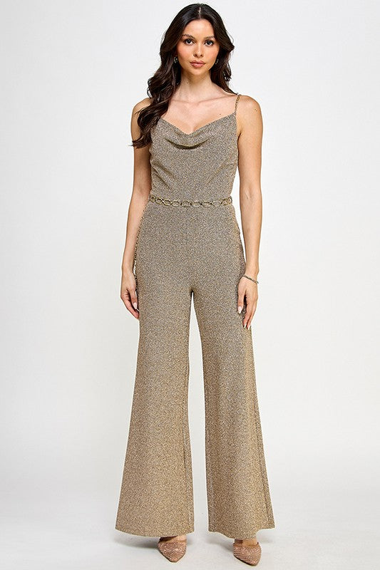 GLITTERY GOLD CHAIN STRAP WITH BELT DETAIL JUMPSUIT