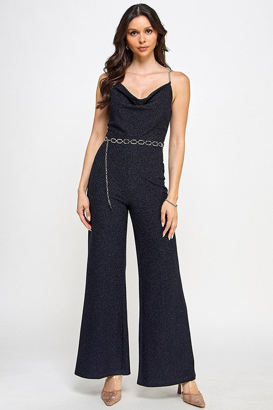 GLITTERY GOLD CHAIN STRAP WITH BELT DETAIL JUMPSUIT