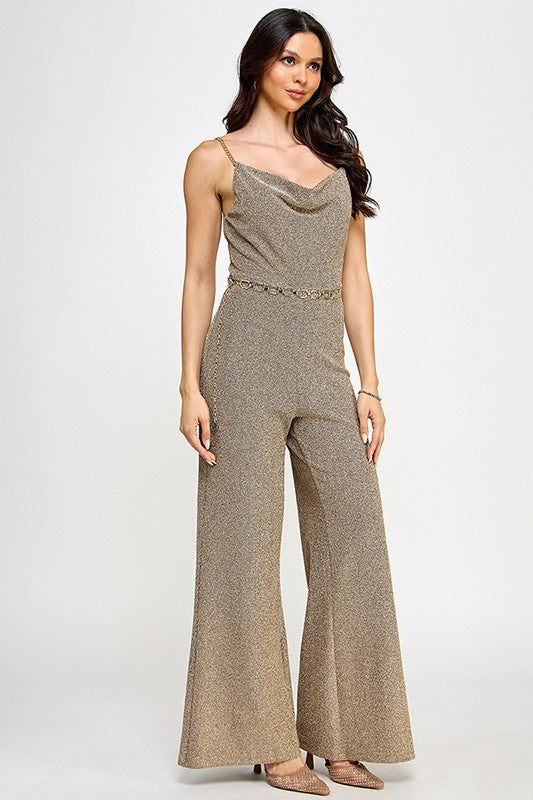 GLITTERY GOLD CHAIN STRAP WITH BELT DETAIL JUMPSUIT