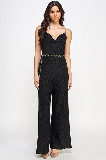 GLITTERY GOLD CHAIN STRAP WITH BELT DETAIL JUMPSUIT