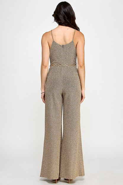 GLITTERY GOLD CHAIN STRAP WITH BELT DETAIL JUMPSUIT