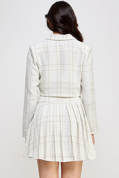 TWEED LONG SLEEVE CROP BLAZER WITH PLEATED MINI SKIRT SET