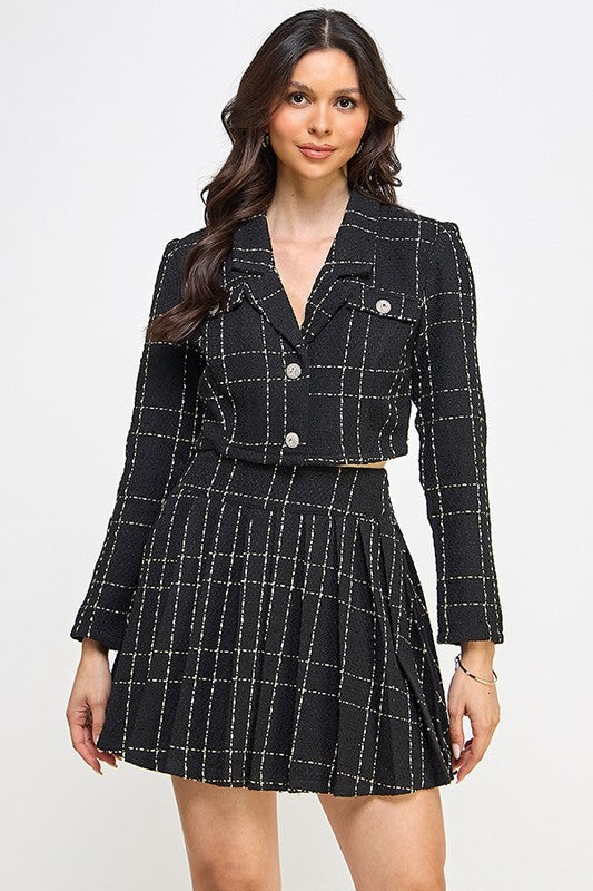 TWEED LONG SLEEVE CROP BLAZER WITH PLEATED MINI SKIRT SET