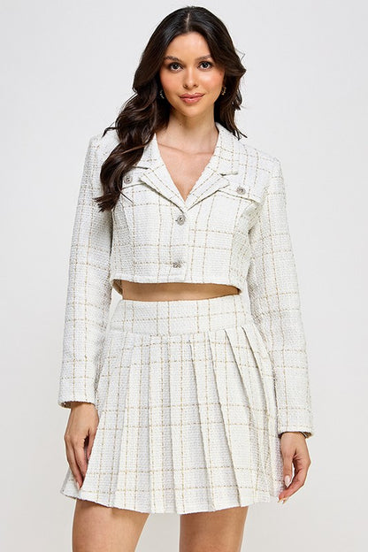 TWEED LONG SLEEVE CROP BLAZER WITH PLEATED MINI SKIRT SET