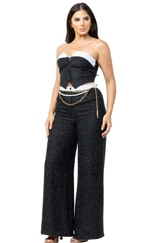 TWEED CONTRAST DETAIL TUBE TOP & PANTS SET