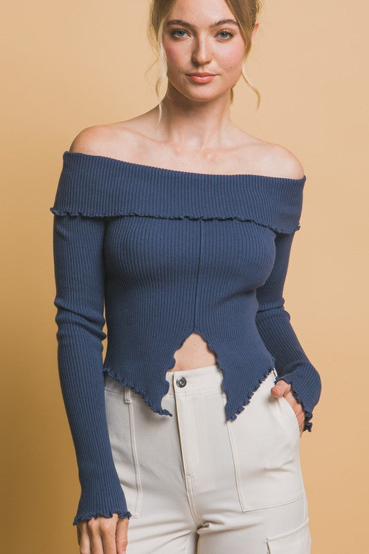 OFF SHOULDER SWEATER WITH SLIT