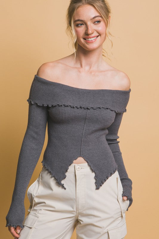 OFF SHOULDER SWEATER WITH SLIT