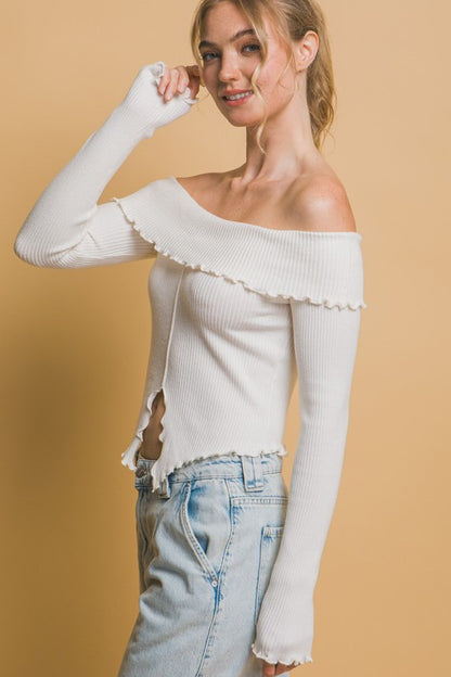 OFF SHOULDER SWEATER WITH SLIT