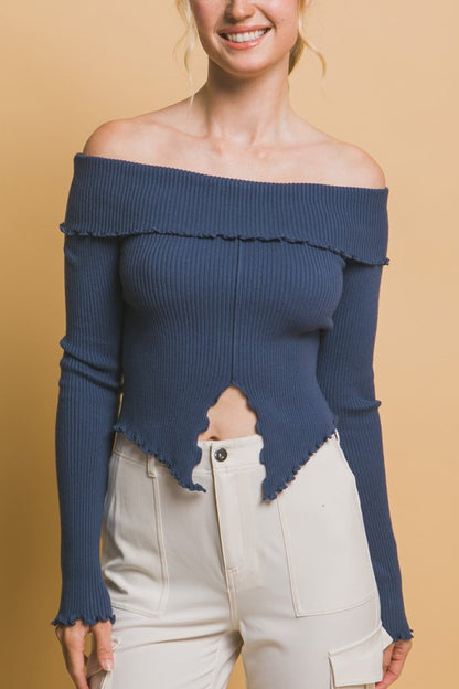 OFF SHOULDER SWEATER WITH SLIT