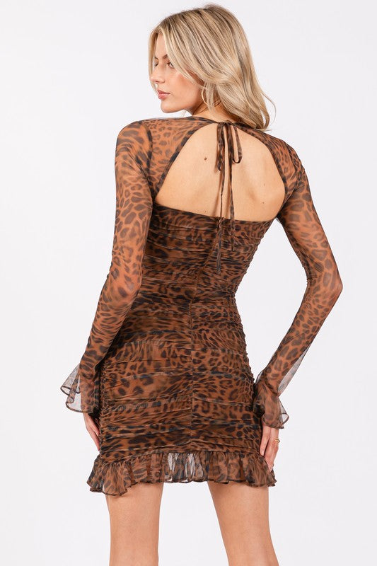 LEOPARD PRINT MESH LONG SLEEVE MINI DRESS