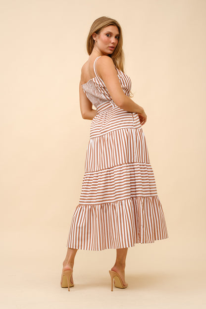 STRIPED SQUARE NECK TIERED MIDI DRESS