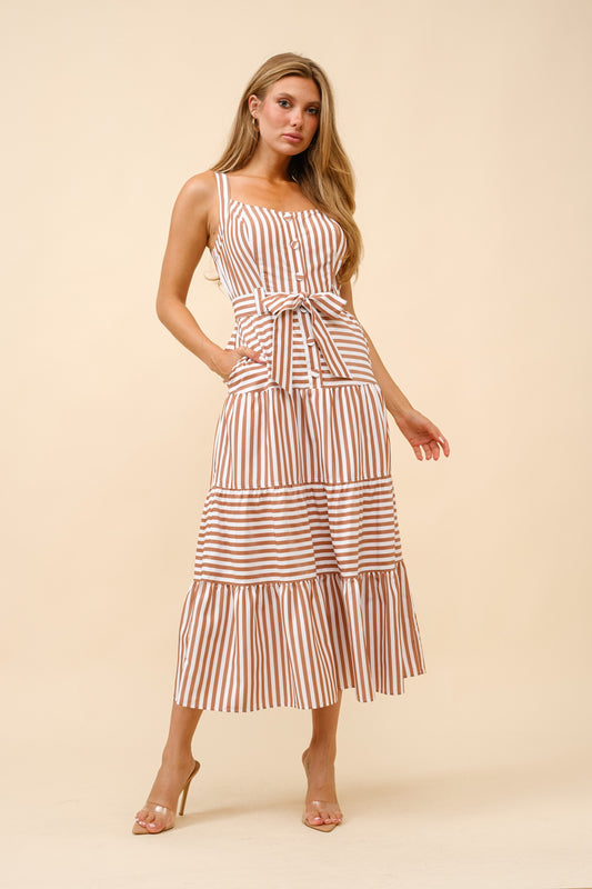 STRIPED SQUARE NECK TIERED MIDI DRESS