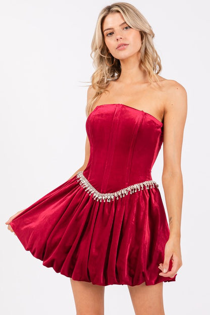 VELVET BALLOON MINI DRESS W/ RHINESTONE WAIST LINE