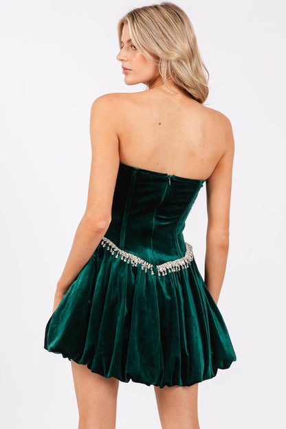 VELVET BALLOON MINI DRESS W/ RHINESTONE WAIST LINE