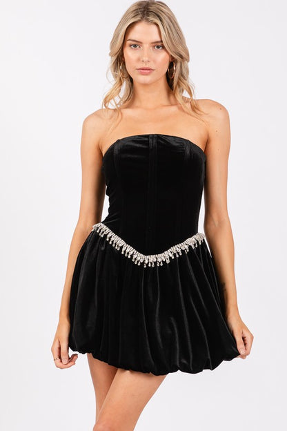 VELVET BALLOON MINI DRESS W/ RHINESTONE WAIST LINE