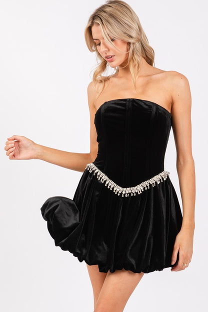 VELVET BALLOON MINI DRESS W/ RHINESTONE WAIST LINE